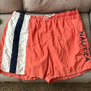 Nautica Orange Swim Trunks with Navy Stripe size 4TG worn once, read below